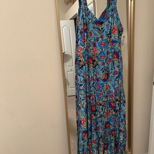 Terra & Sky Blue and Red Sleeveless V-Neck Maxi Sundress